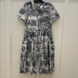 Dior Blue and White Toile Short Sleeve Shirt Dress - with white slip liner